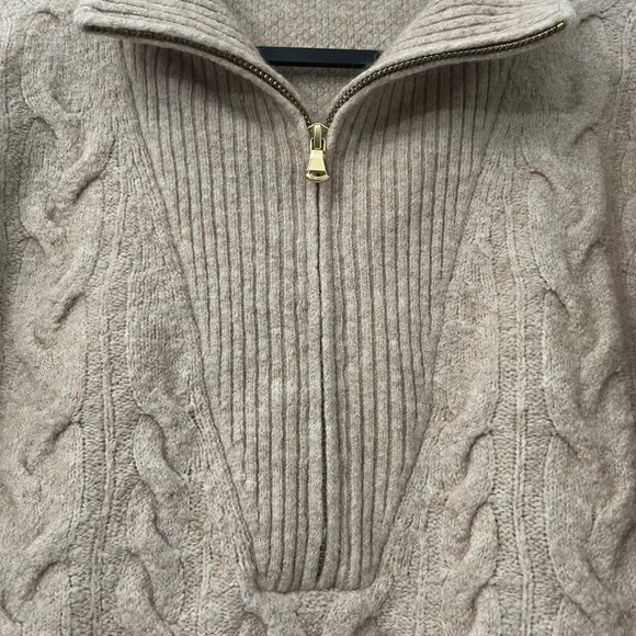 J Crew Tan Merino Alpaca Shawl Collar 1/2 Zip Cable Knit Sweater Size Small - Picture 2 of 6
